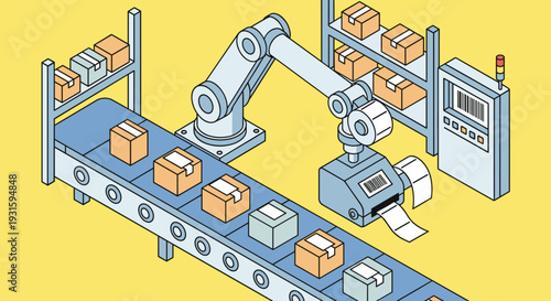 Industrial Robot Arm Packaging Boxes on Conveyor.