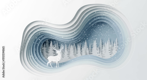 Paper Cut Winter Forest with Majestic Deer and Falling Snow - Layered Holiday Landscape Illustration