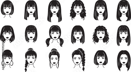 Collection of various female hairstyles displayed as black silhouettes