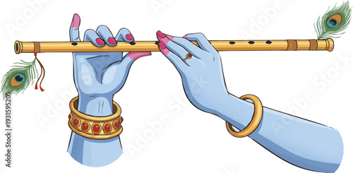 Divine hands of Krishna playing a golden flute adorned with peacock feathers music