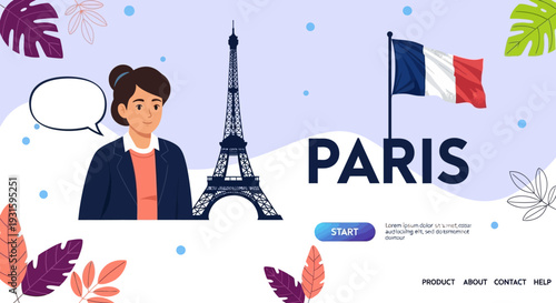 Paris Travel & French Language Learning Vector Illustration featuring Eiffel Tower, French Flag, and a Communicating Woman for Online Courses.