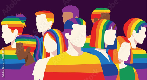 Diverse Group of People with Rainbow Colors Celebrating LGBTQ+ Pride, Unity, and Inclusivity in a Modern Flat Illustration