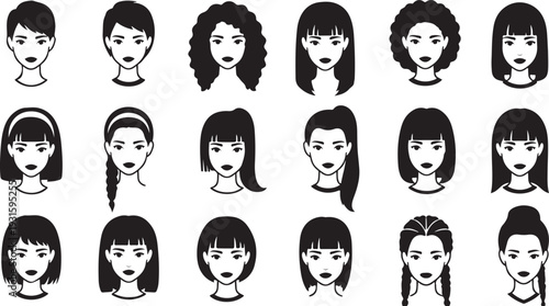 Variety of female face icons with different hairstyles a black silhouette
