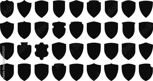 Black Shield Silhouette Set Collection of Heraldic Shapes Protection Icons and Security Symbols Isolated on White Background for Logo Design and Safety Graphic Elements