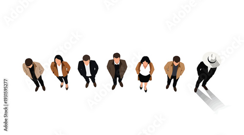 Diverse group of business people walking in a line on white background with one person falling behind