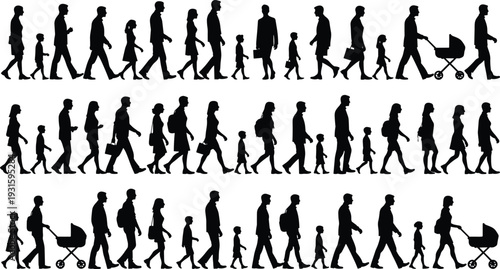 Black Silhouette of People Walking in Row Crowded Diverse Group of Men Women and Children with Strollers and Backpacks Isolated on White Background