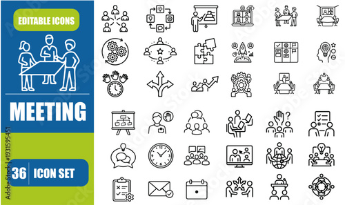 Meeting line icon set. Included icons as meeting room, team, teamwork, presentation, idea, brainstorm and more.

