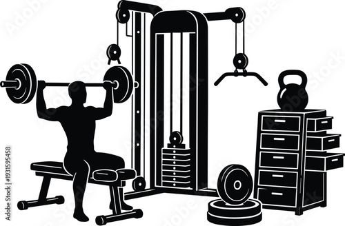 Black vector silhouette of male athlete lifting barbell on bench press near multi station gym machine kettlebell and weight plates isolated on white background. (24 words)