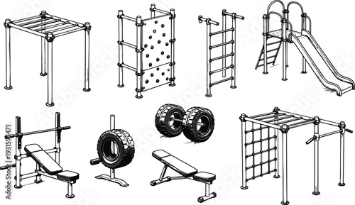Black vector line art illustration set of outdoor playground equipment and gym fitness gear including slides climbing frames and weight benches on white background. (25 words)
