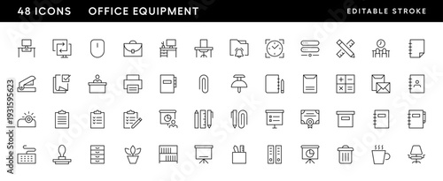 Office equipment icon collection. Workplace, equipment, devices, office tools, stationery, documents and more. Editable stroke. Pixel Perfect. Grid base 32 x 32.