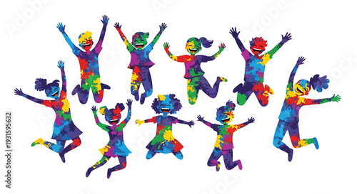 Set of 9 colorful people jumping vector illustrations
