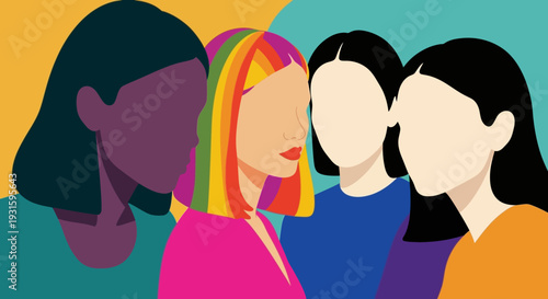 Vibrant Illustration of Diverse Women with Rainbow Hair, Symbolizing Inclusion, Empowerment, and LGBTQ+ Community