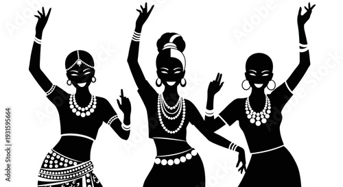 Dynamic Silhouettes of Three Indian Women Dancing, Adorned in Traditional Jewelry and Festive Attire, Celebrating Culture and Joy