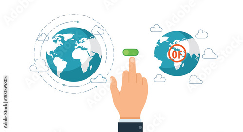 Vector illustration of hand interacting with global network icons