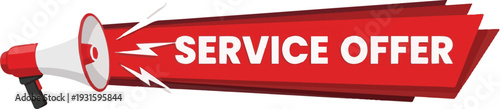 Red megaphone announcing a service offer with lightning bolts and abstract shapes announcement