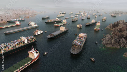 Cargo vessels congestion blocking maritime traffic in the Strait of Hormuz, tankers and container cargo ships clustered. Strategic maritime chokepoint linking the Persian Gulf and and Gulf of Oman 3D 