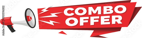 Red megaphone announcing combo offer with lightning bolts and abstract shapes announcement