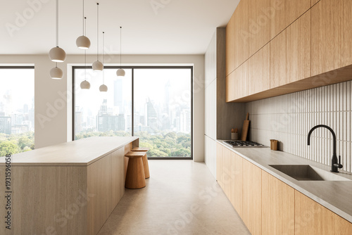 Minimalist modern kitchen interior with wood cabinets and panoramic city window view blending natural light and clean design.."" 3D Rendering