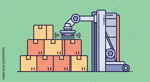 Robotic Arm Handling Cardboard Boxes in Warehouse.