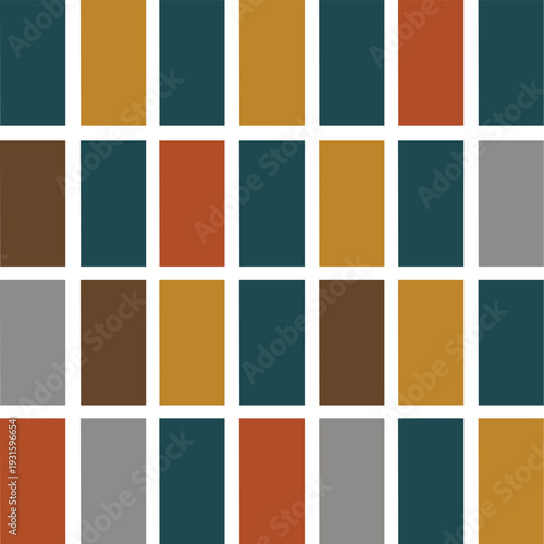 Mid-century modern geometric seamless pattern with colorful vertical rectangles. Minimal abstract vector background for fabric, wallpaper, and surface design.