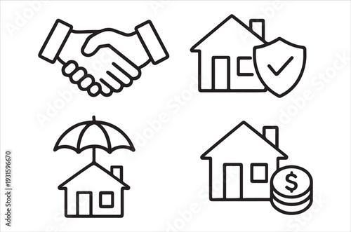 Line art icons depicting a handshake house protection and finance
