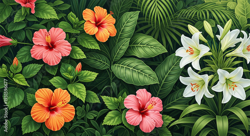Floral arrangement with colorful hibiscus and white lily among dense foliage. Represents a tropical garden, nature's beauty, and summer freshness