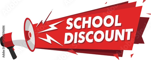 Red Megaphone Announcing School Discount with White Text and Lightning Bolts announcement