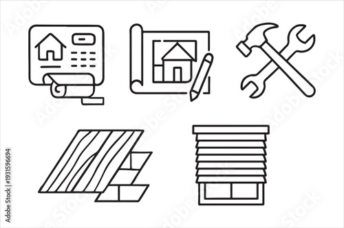 Construction and home improvement tools with building elements icons