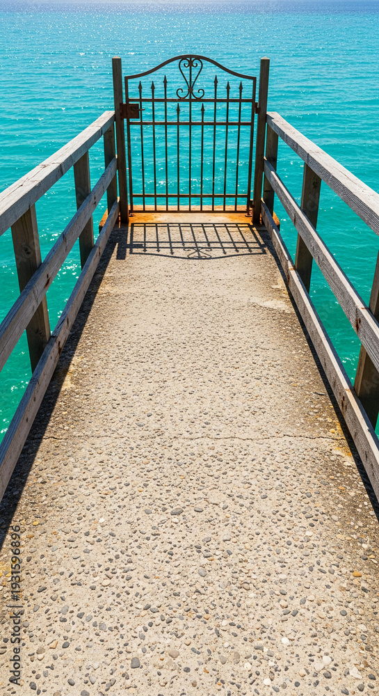 Fototapeta premium Perspective shot of concrete pier with wooden railing and metal gate overlooking turquoise sea, representing escape, travel and seaside destination