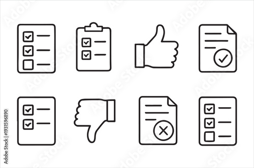 Collection of checklist thumbs up down and document icons in outline style