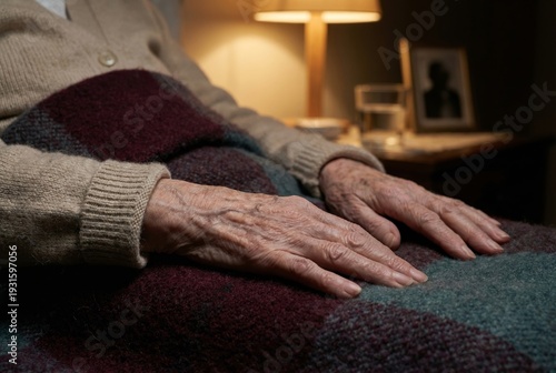 Close up of senior woman hands resting on blanket in dark room with lamp light