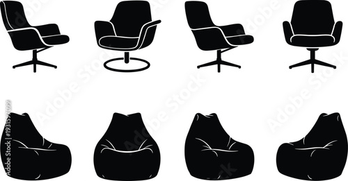 Vector collection of modern armchair silhouettes and comfortable bean bag chair icons in various perspectives for interior design office furniture and home lounge decor