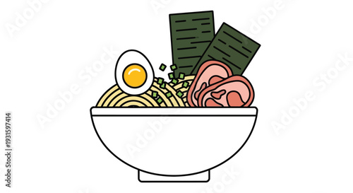 Stylized illustration of a bowl of ramen with egg noodles and toppings