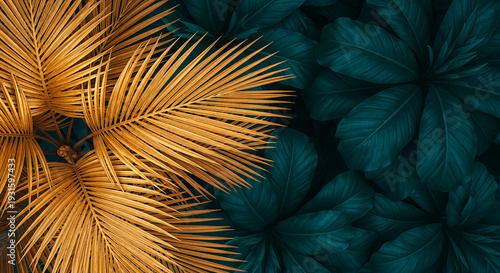 Image displays golden palm frond contrasting with dark teal foliage, creating a botanical abstract symbolizing nature's duality and tropical essence