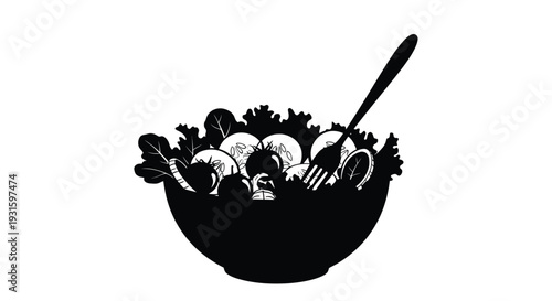 A black and white illustration depicts a bowl of salad with a serving spoon