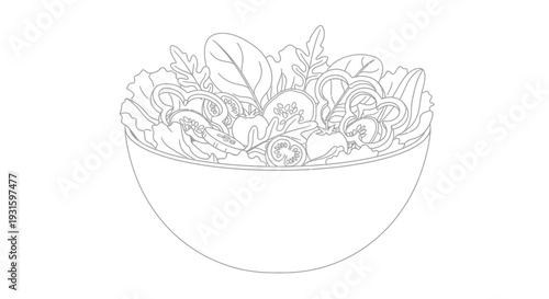 Line drawing of a salad filled with various lettuce types and round vegetables