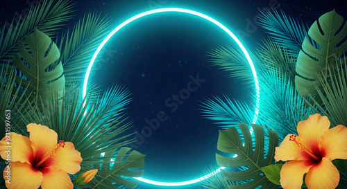 Scene of tropical leaves and flowers with a circular, teal neon light, representing nature with modern style, ideal for summer or tropical themes
