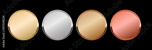Gold and silver metal circles frames set, Shining metallic 3d circles: gold, silver, bronze, rose gold medals, Sparkling metal rings medals, precious awards badges, buttons on black background.
