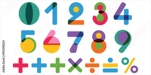 Colorful overlapping numbers and mathematical symbols on white background vector illustration
