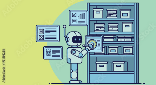 Robot Organizing Digital Files on Shelves.