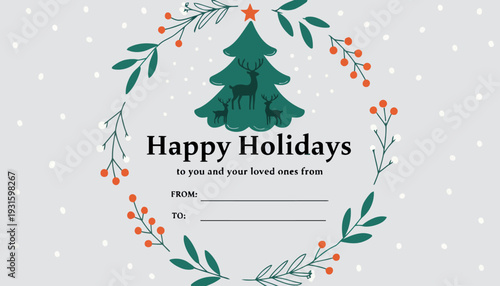 Holiday greeting card with Christmas tree and reindeer design