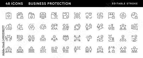 Business protection icon collection. Insurance, shield, protection, privacy, social security, safety, coverage, risk management and more. Editable stroke. Pixel Perfect. Grid base 32 x 32.
