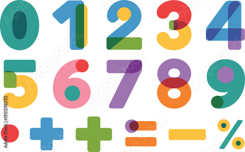 Colorful Transparent Numbers 0-9 and Mathematical Symbols digits mathematics
