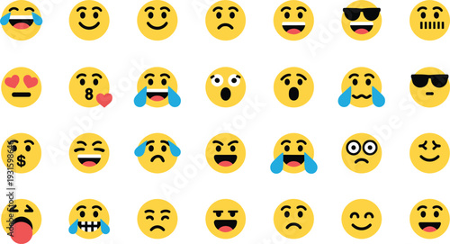 Grid of Yellow Emoji Faces with Diverse Expressions and Symbols emoticon emotion