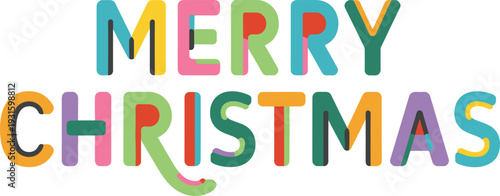 Merry Christmas text in colorful overlapping letters on white background holiday greeting