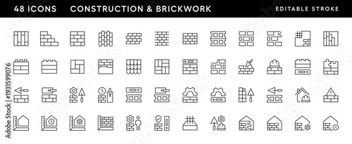 Construction icon collection. Brickwork icon set. Equipment, maintenance, instrument, measure, concrete, labour, bricklayer and more. Editable stroke. Pixel Perfect. Grid base 32 x 32.
