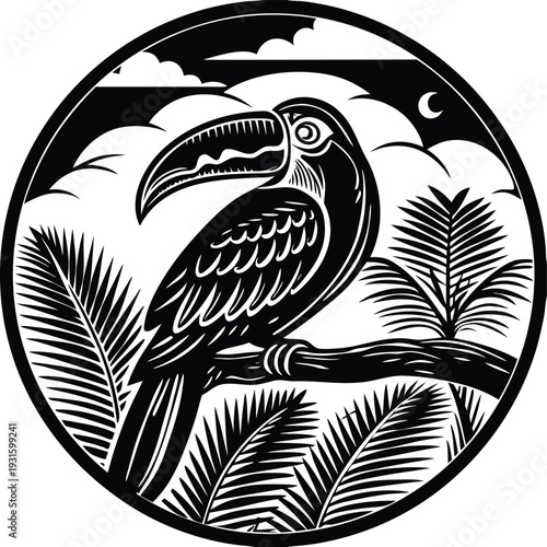 Vector illustration of a toucan on a branch