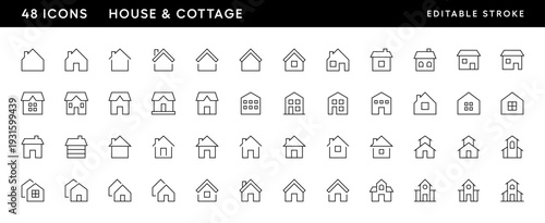 House and cottage icon collection. Townhouse, habitation, cottage, house exterior, premises, real estate and more. Editable stroke. Pixel Perfect. Grid base 32 x 32.