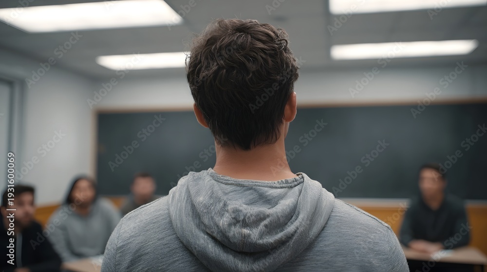 Fototapeta premium Back view of a student in a classroom facing a blackboard with other students blurred in the background during a lesson