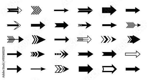 Set of black arrow icons pointing in various directions, representing navigation and movement on an isolated white background.
